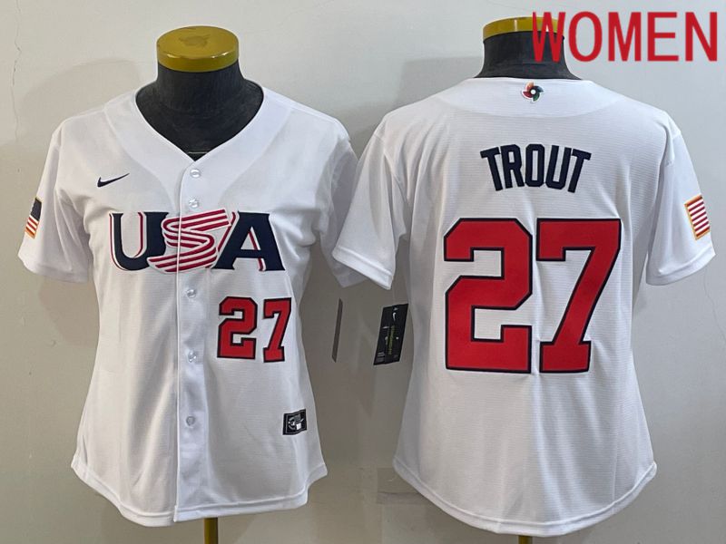 Women 2023 World Cub USA #27 Trout White Nike MLB Jersey3->women mlb jersey->Women Jersey